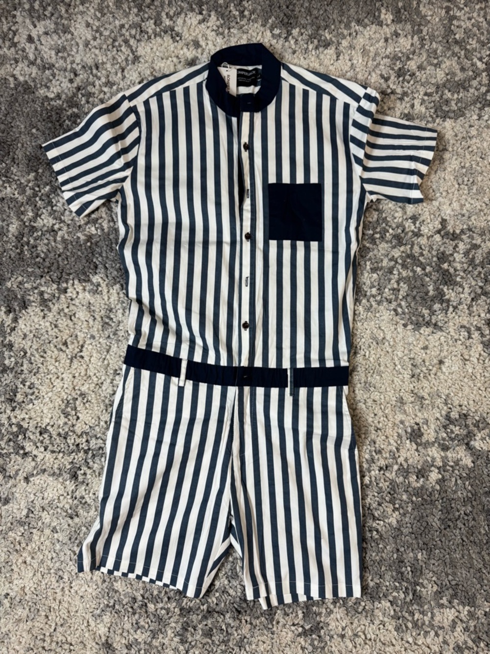 RomperJack, Men’s Navy & White Vertical Stripe Short Sleeve Shorts Romper